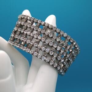 Vintage Clear Rhinestone Stretch Bracelet Silver Tone Wide Sparkling Cuff